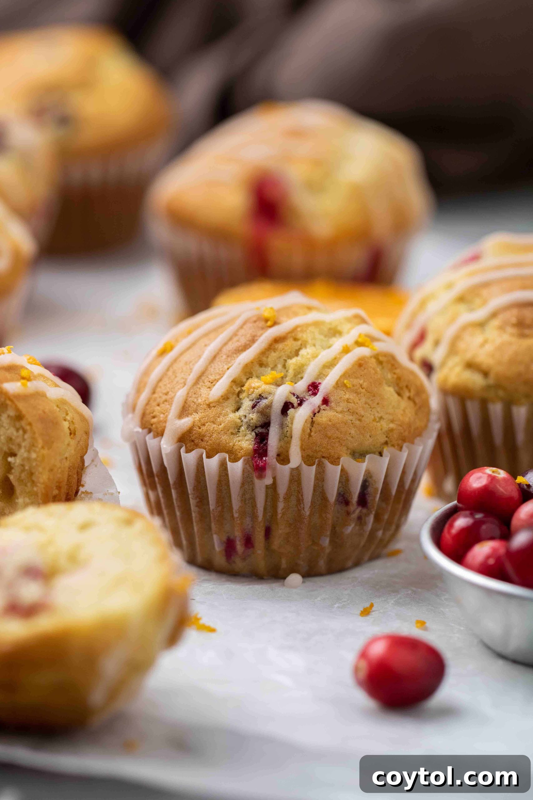Freshly baked cranberry orange muffins with orange glaze on a cooling rack, ready to be enjoyed on a cold winter day.