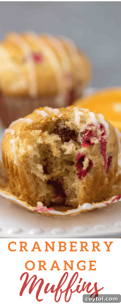 Another image of moist cranberry orange muffins with orange glaze for Pinterest.