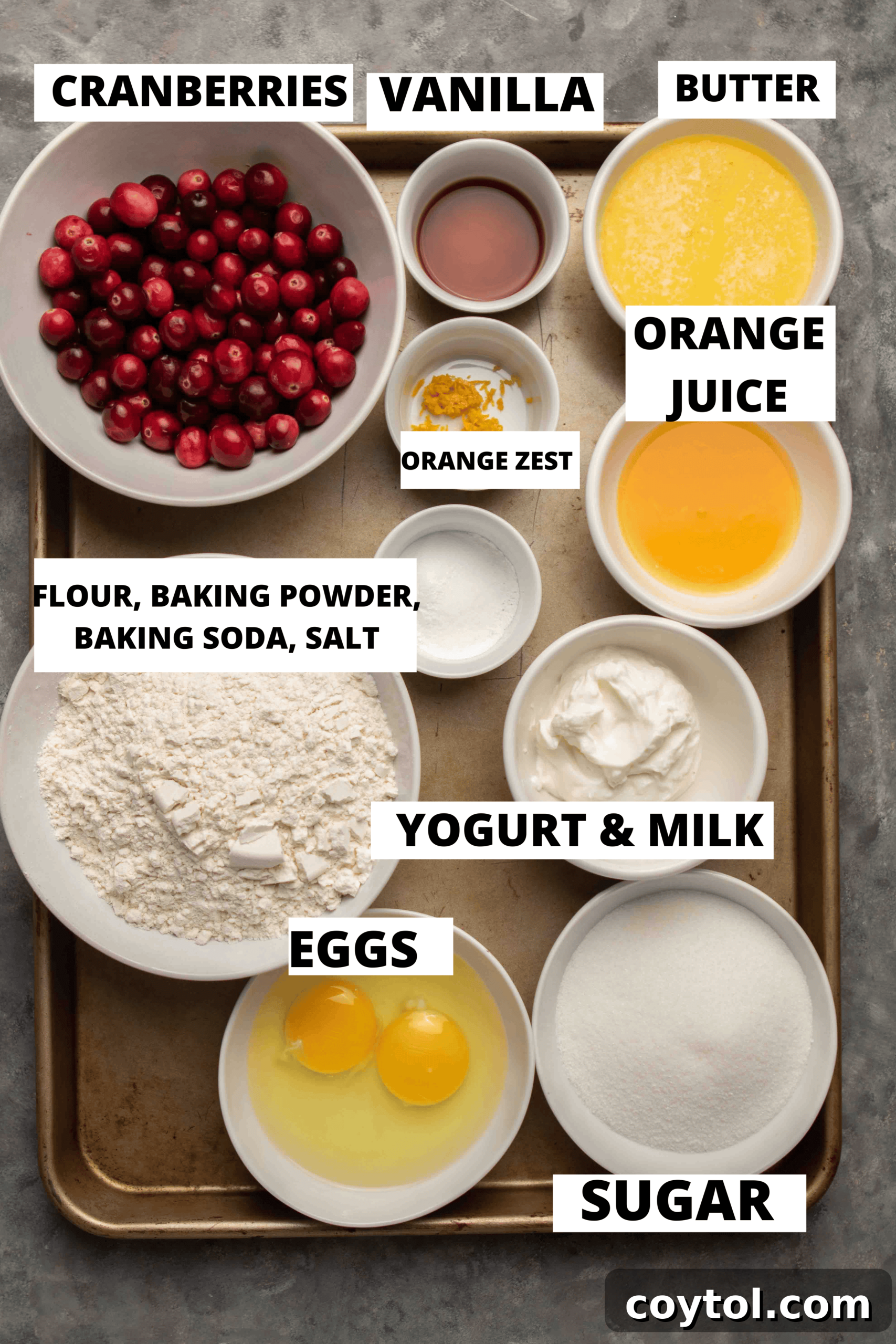 All the ingredients for cranberry orange muffins laid out on a clean surface, ready for baking.