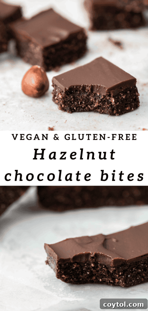 Vegan Nutella chocolate hazelnut bars with a bite taken for Pinterest
