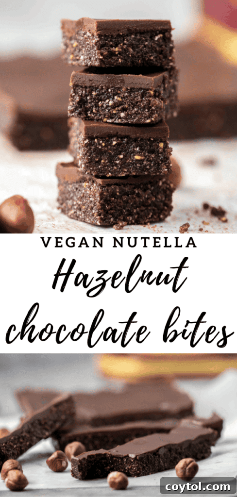 Close-up of the textured top of vegan Nutella chocolate hazelnut bars for Pinterest
