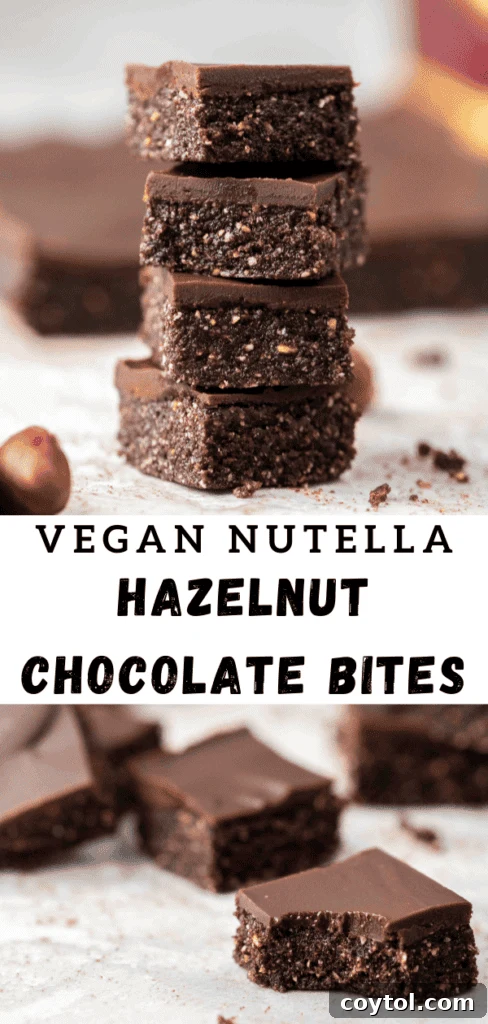 Diagonal shot of vegan Nutella chocolate hazelnut bars on a cutting board for Pinterest