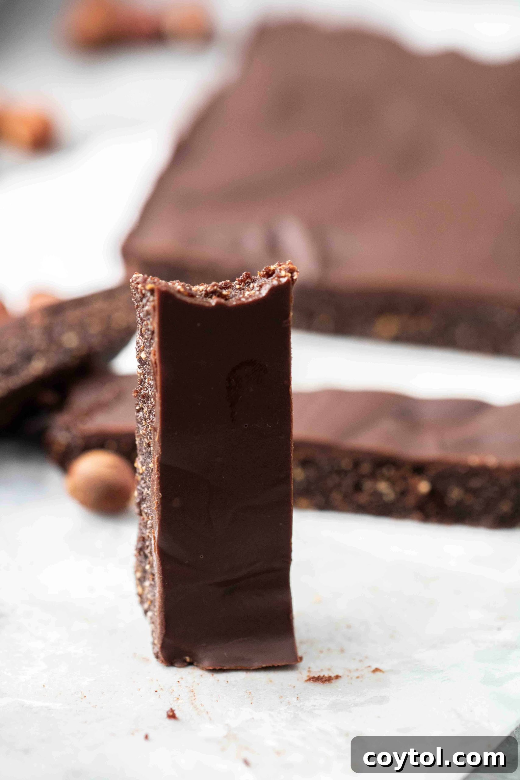 Two hands holding a sliced vegan chocolate hazelnut bar