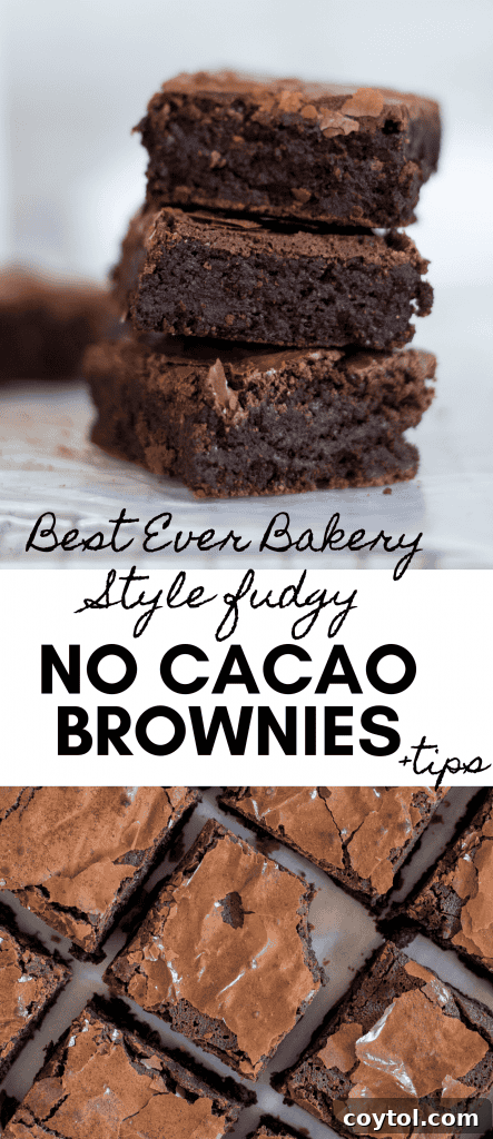 A second Pinterest pin image for no cocoa powder brownies, showing a delightful stack.