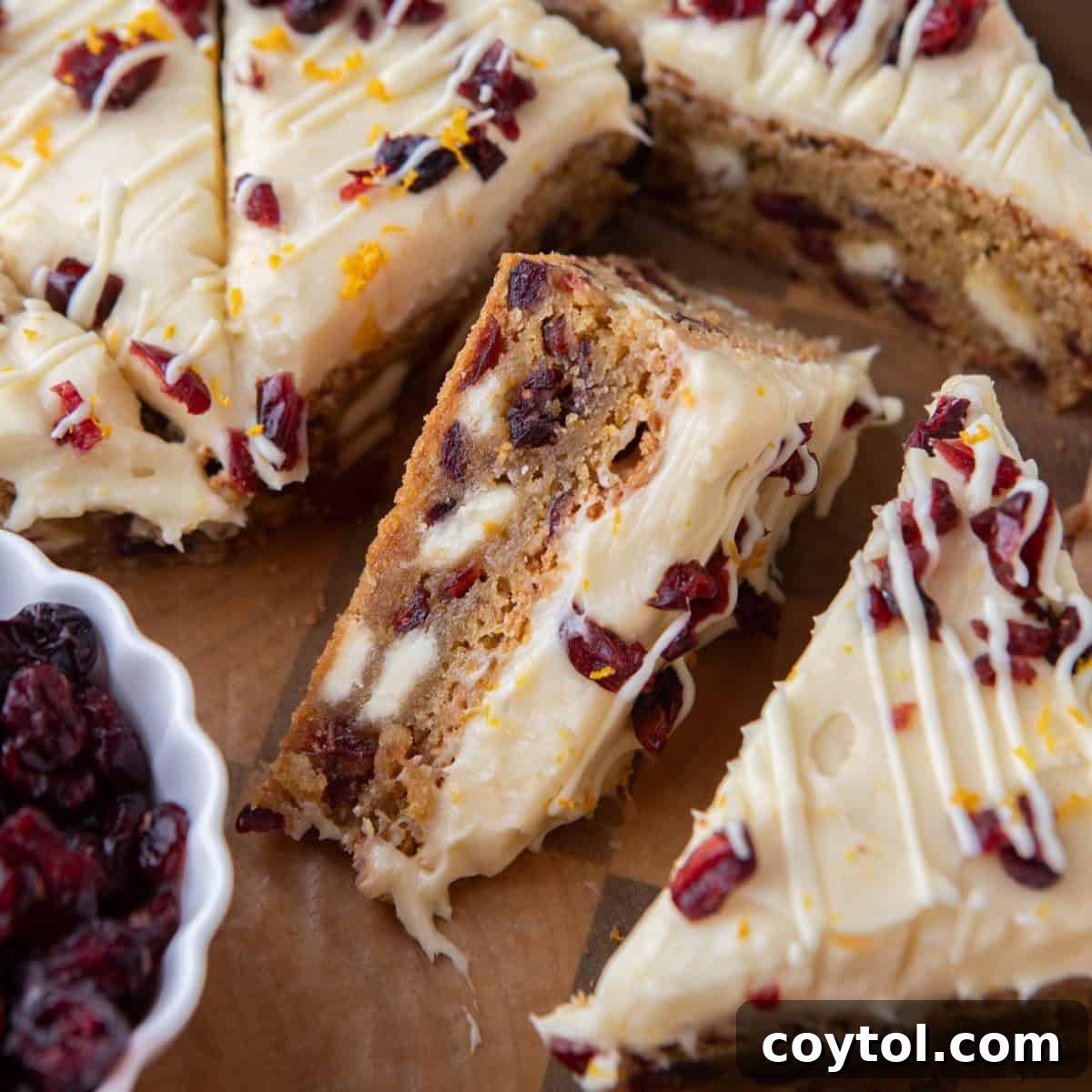 Homemade Cranberry Bliss Bars Surpassing Starbucks 2 Close-up of homemade cranberry bliss bars topped with cream cheese frosting, dried cranberries, and orange zest drizzled with white chocolate, inviting a delightful bite.