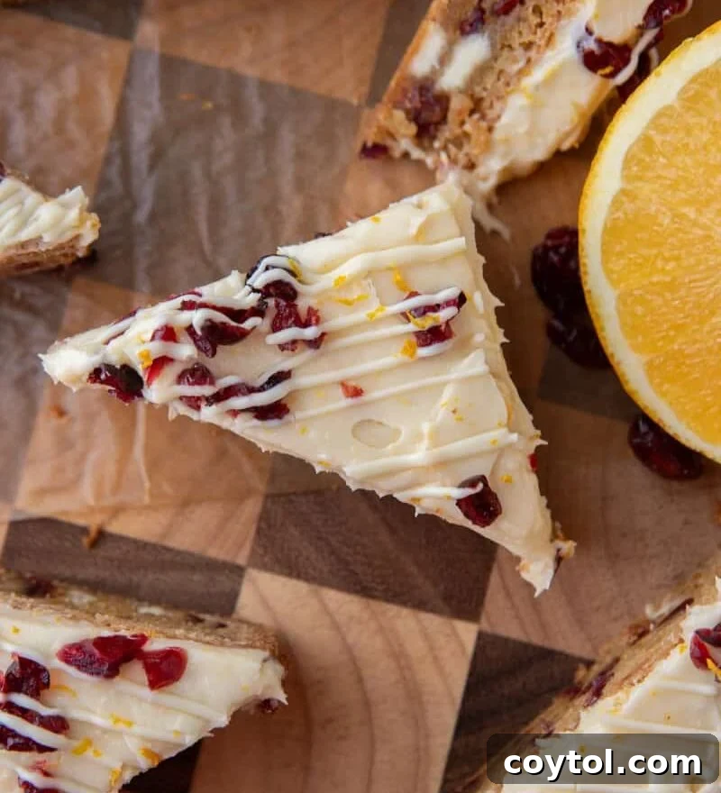 Homemade Cranberry Bliss Bars Surpassing Starbucks 15 Close-up of a frosted cranberry bliss bar triangle with dried cranberries and orange zest beside a sliced orange.