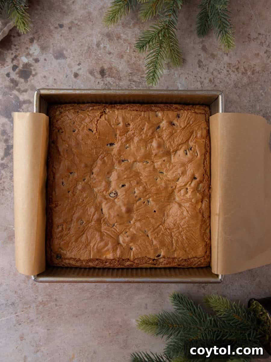 Homemade Cranberry Bliss Bars Surpassing Starbucks 9 Freshly baked cranberry blondie slab cooling in a square parchment-lined pan.