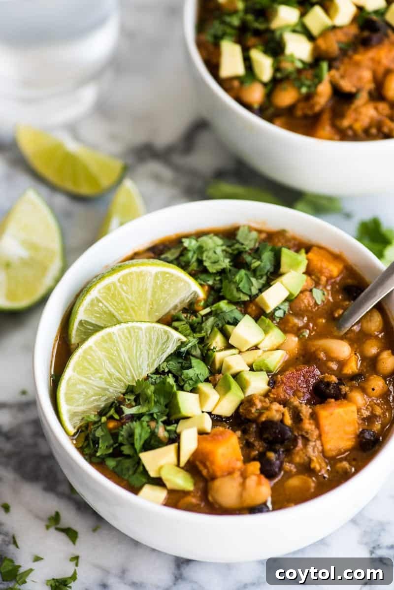 Vibrant pumpkin turkey chili bowl for the pumpkin recipe collection