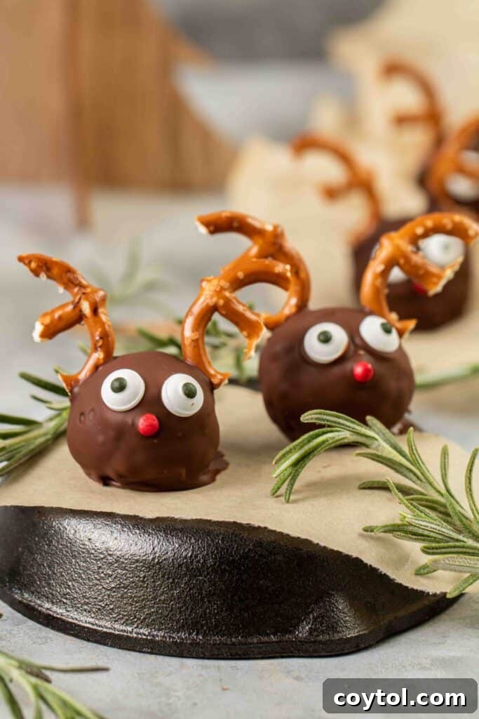 Close up Reindeer Peanut Butter Balls with Rice Krispies, a perfect no-bake treat for kids.