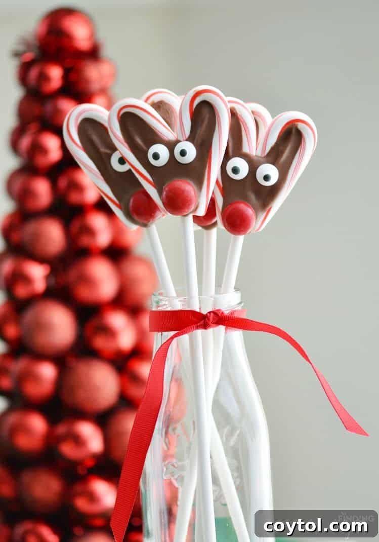 Candy cane reindeer pops, a creative and delicious no-bake idea.