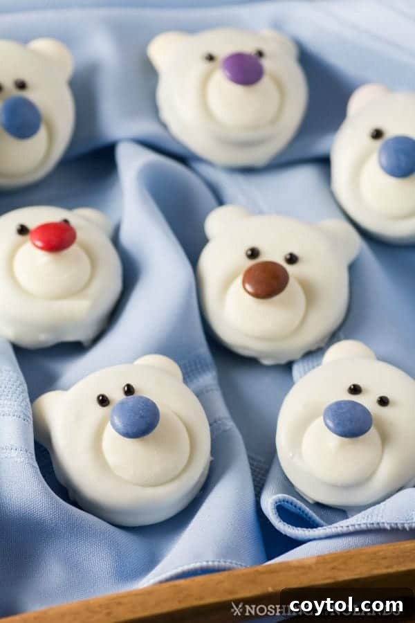 Cute polar bear cookies, an artistic no-bake Christmas treat.