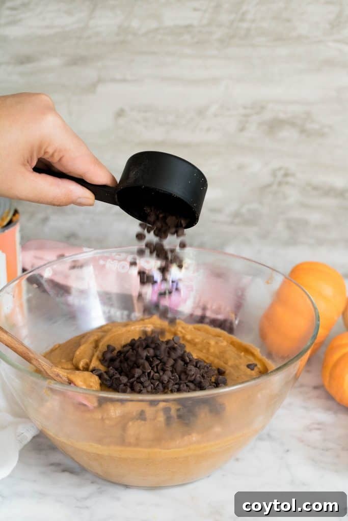 Mini chocolate chips being added to the pumpkin muffin batter.