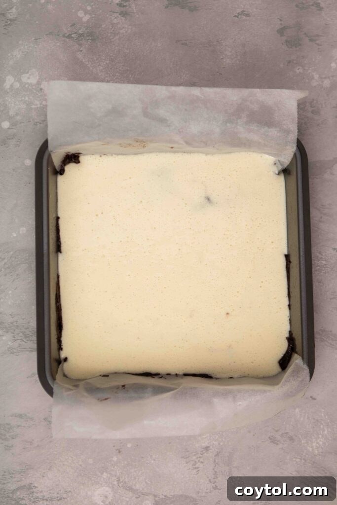 Decadent Fudgy Cheesecake Brownies 11 Pouring cream cheese layer onto the brownie layer in a baking pan