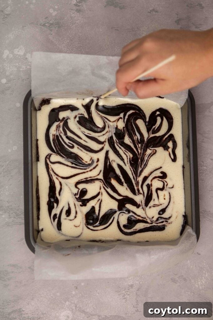 Decadent Fudgy Cheesecake Brownies 13 Swirling the brownie batter into the cheesecake batter with a knife