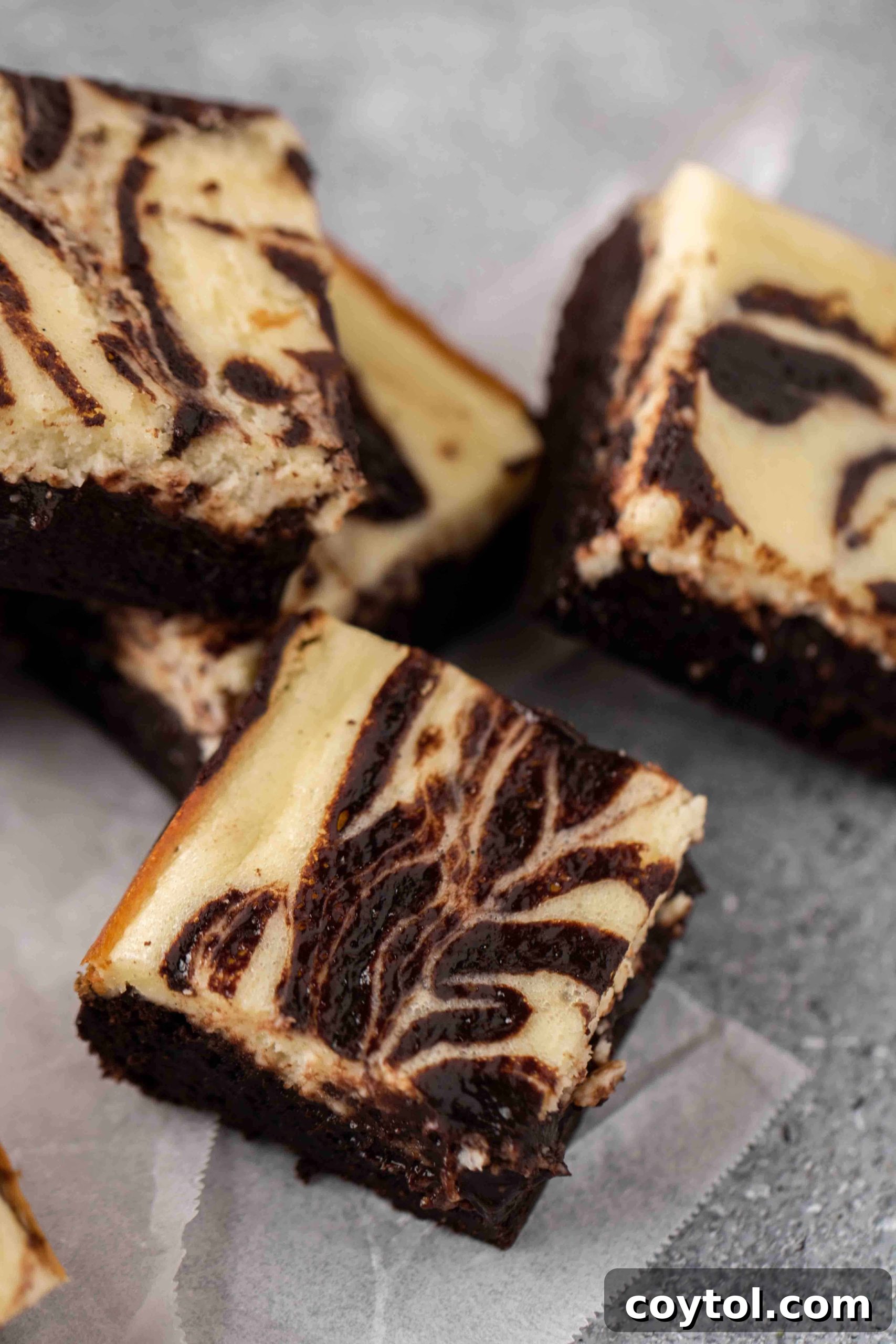 Decadent Fudgy Cheesecake Brownies 15 Close up of individual cream cheese brownies with a visible swirl and fudgy texture