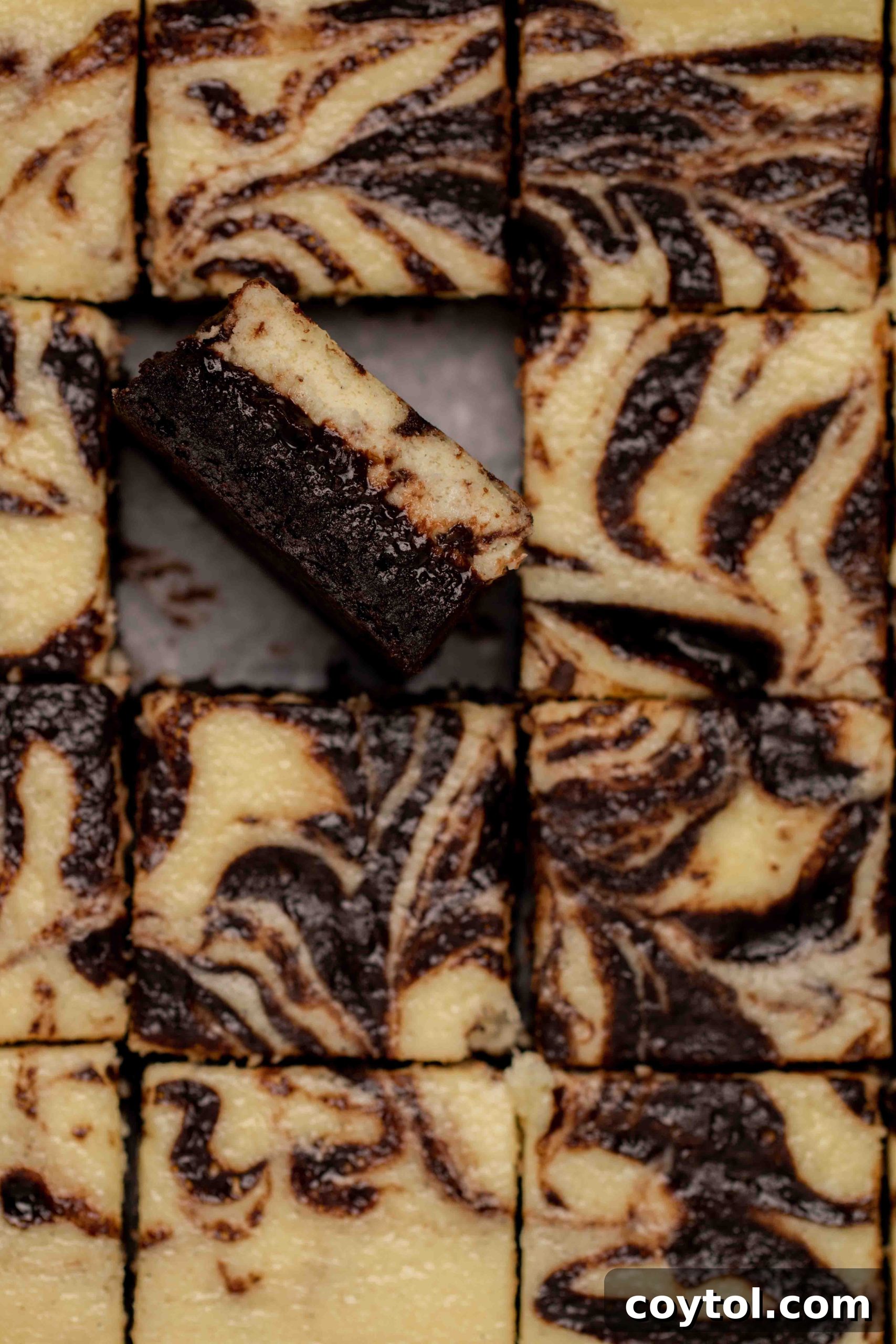 Decadent Fudgy Cheesecake Brownies 4 Overhead close up shot of cream cheese brownies, showing the fudgy texture and cheesecake swirl