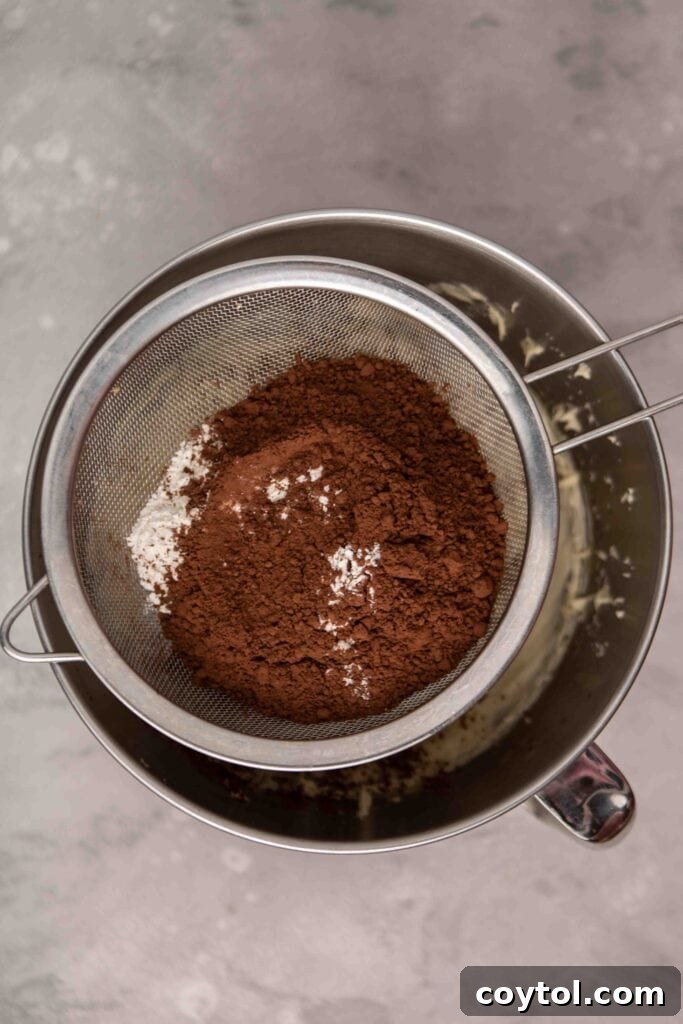 Decadent Fudgy Cheesecake Brownies 7 Sifting cocoa powder and flour into wet brownie ingredients