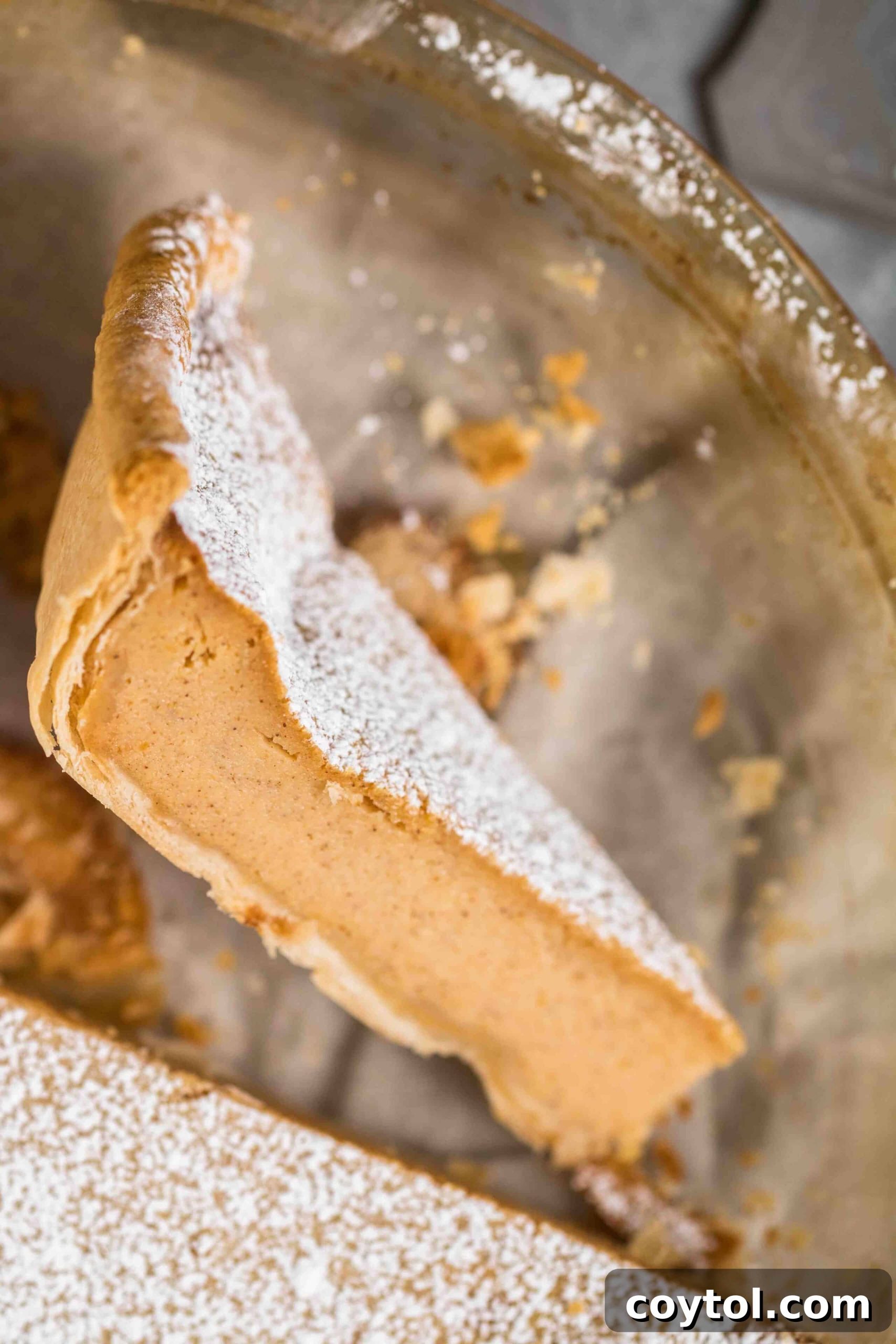 A slice of sweet potato pie on its side, revealing the creamy, smooth custard-like texture of the filling and a hint of the flaky crust.