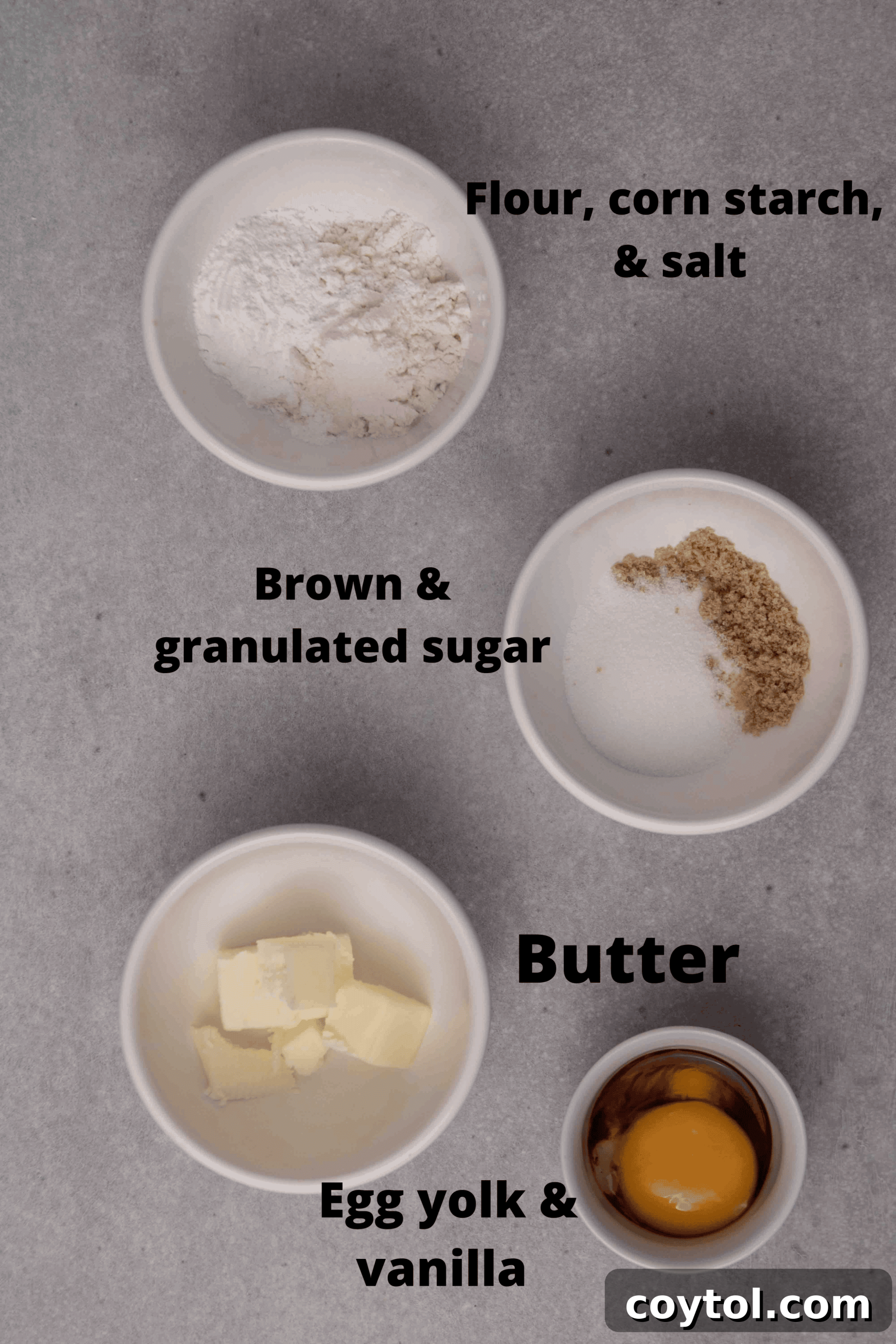 All the essential ingredients neatly arranged for a sugar cookie mug cake recipe