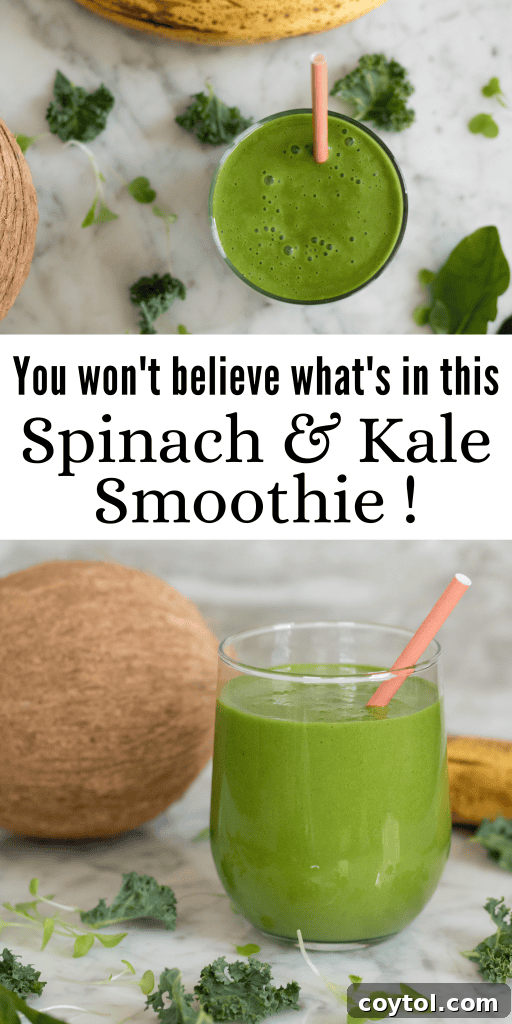 Spinach and Kale Smoothie close-up in a clear glass