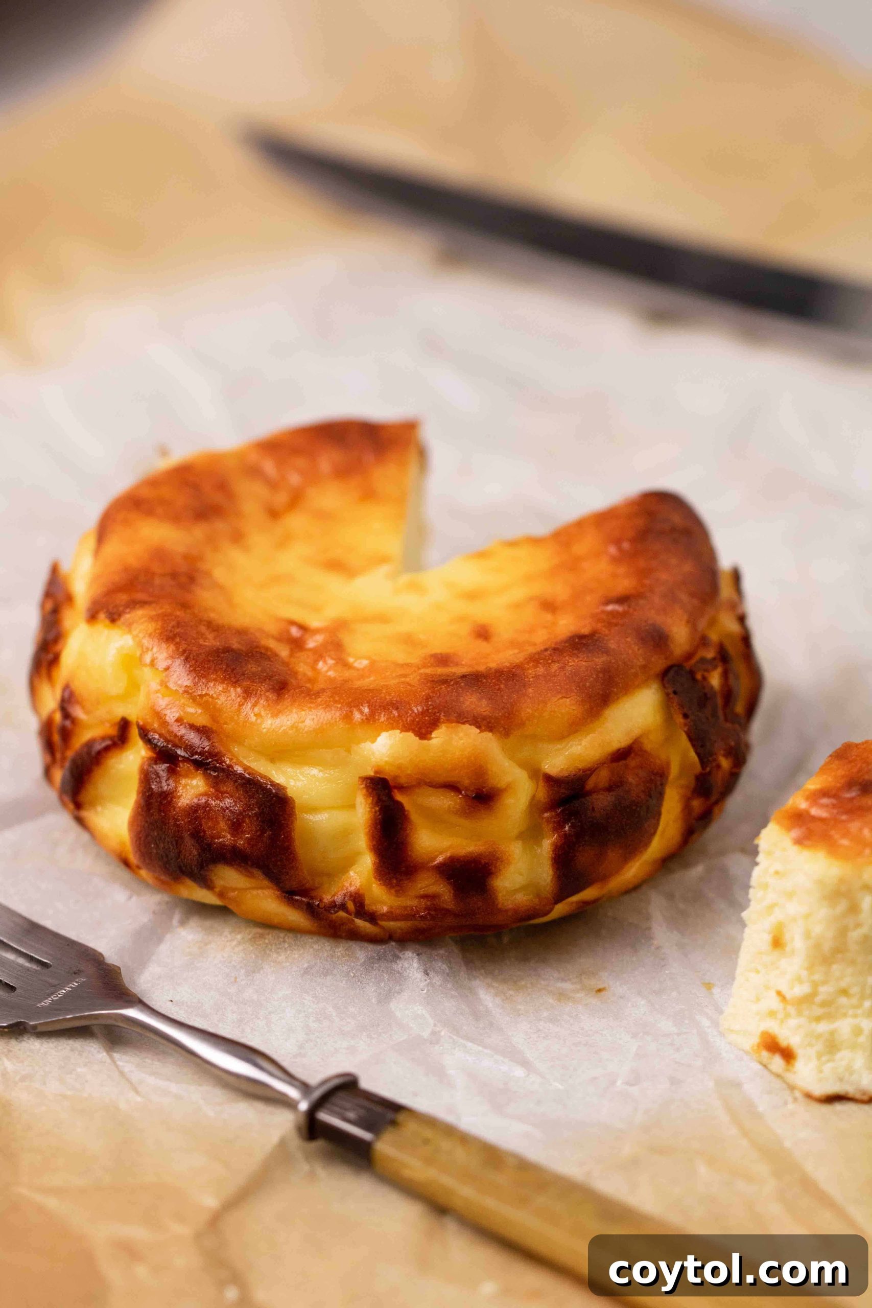 Preparing mini burnt Basque cheesecake in a kitchen setting, showing the simple process of baking.