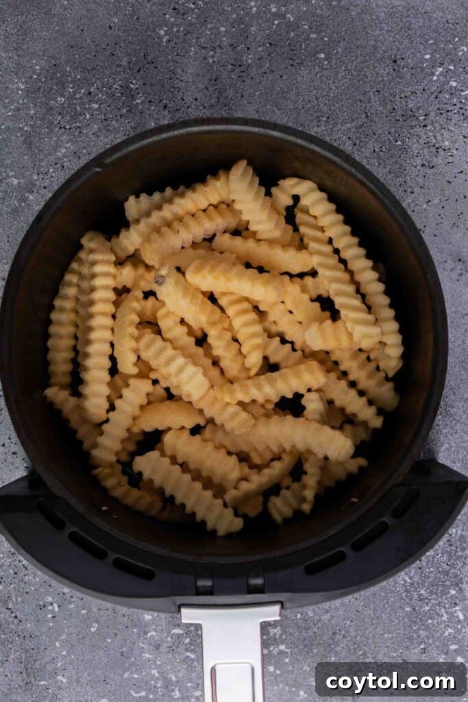 Crispy Air Fryer Fries with Fiery Ketchup 6 Pouring frozen French fries into an air fryer basket