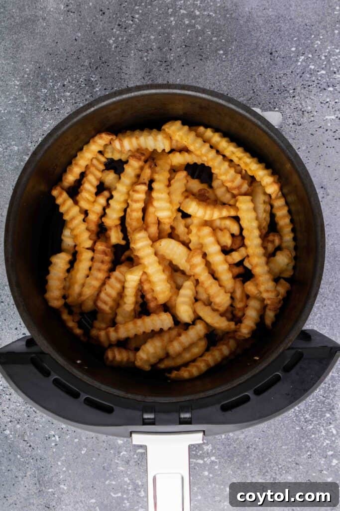 Crispy Air Fryer Fries with Fiery Ketchup 7 Air fryer basket filled with a single layer of frozen French fries