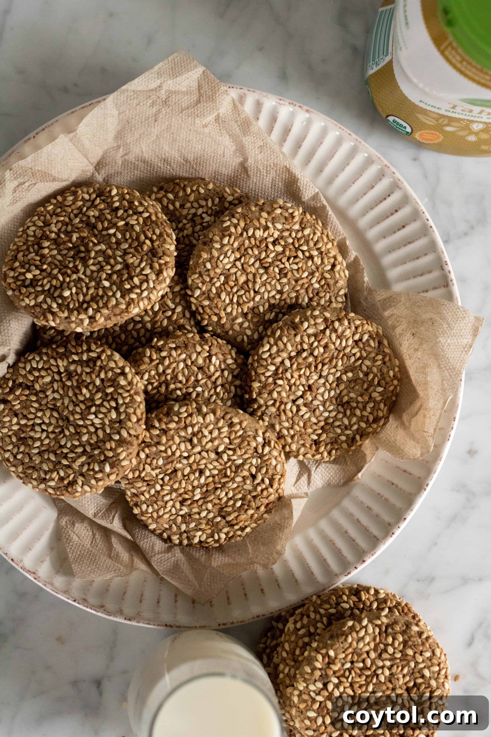 A full tray of delicious and healthy tahini sesame seed cookies, freshly baked.