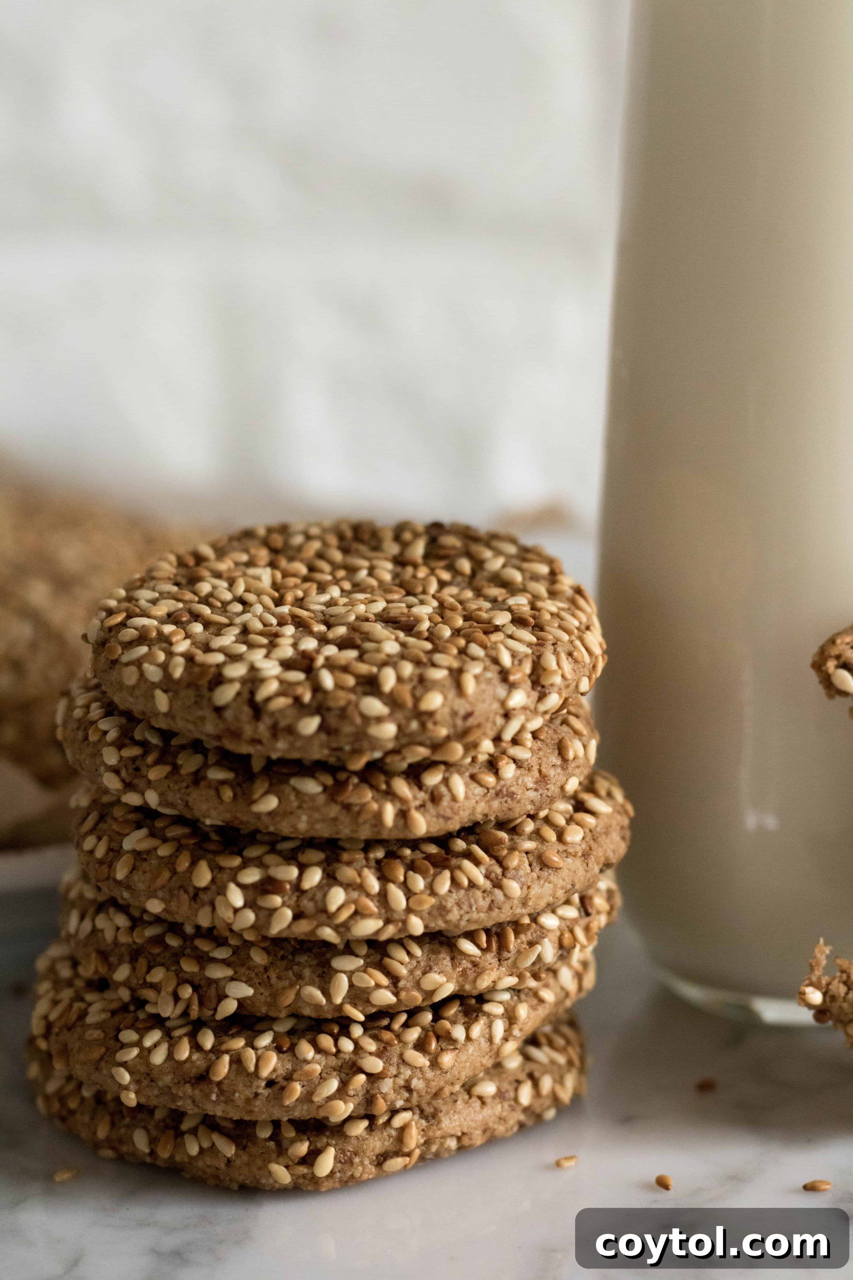 Beautifully arranged Tahini sesame seed cookies on a rustic wooden surface, ready for serving.