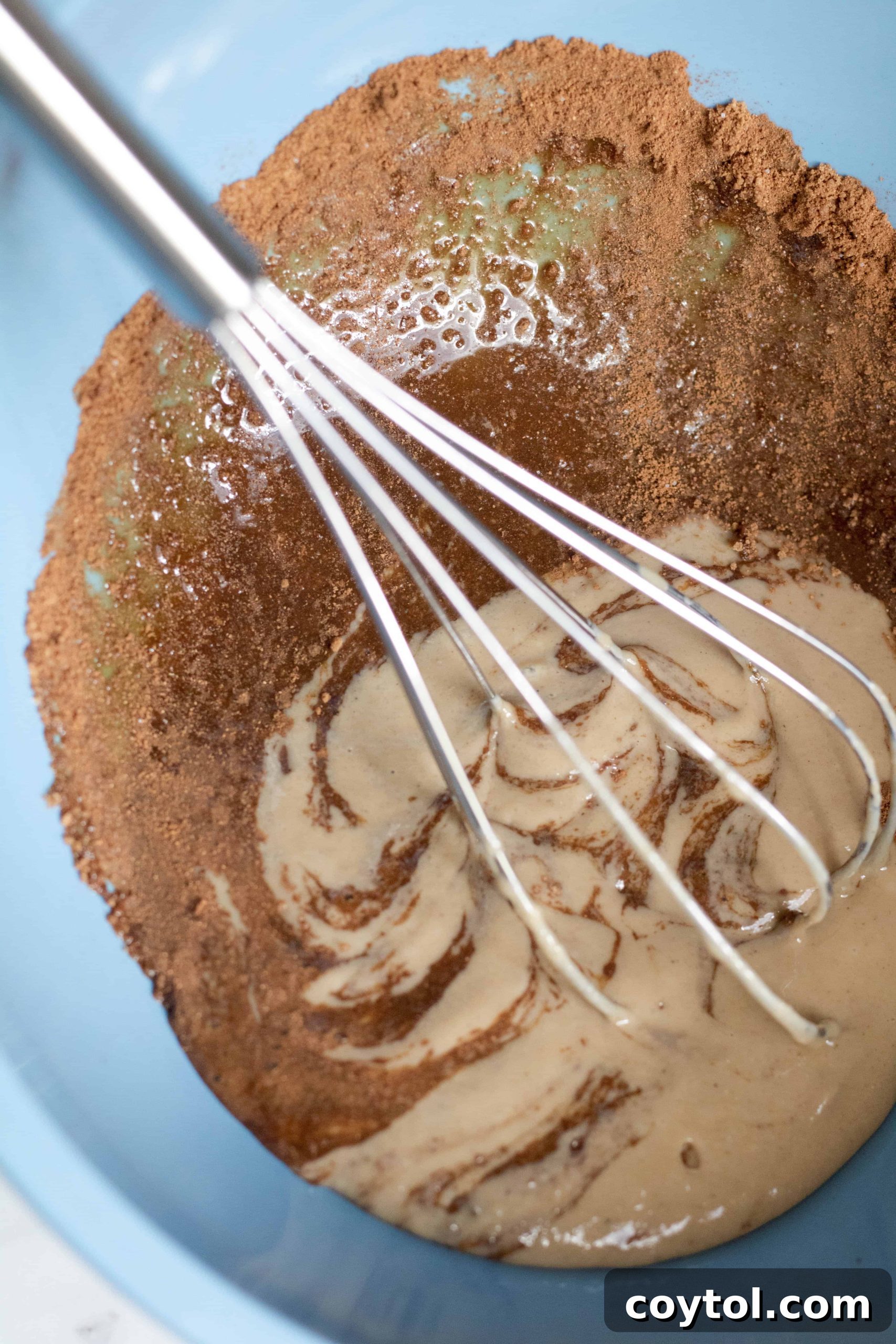 Mixing coconut sugar, water, vanilla, cinnamon, and tahini for the wet cookie ingredients.