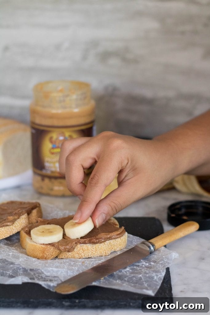 All the ingredients laid out for the grilled peanut butter and banana sandwich, including Fokken Nut cookie dough peanut butter