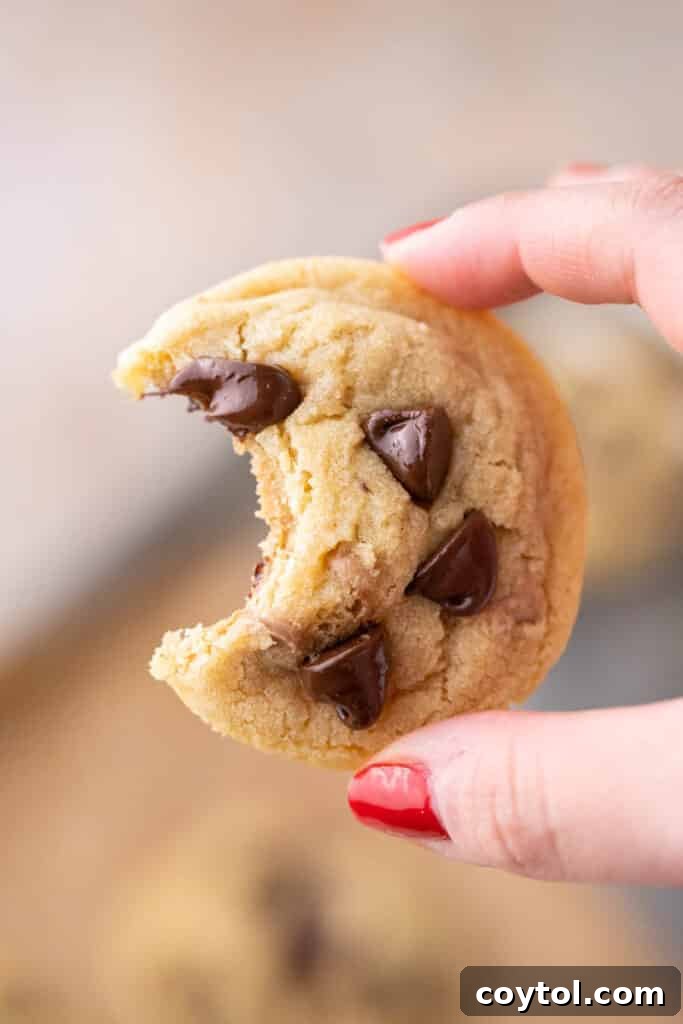 Small batch chocolate chip cookie with a bite taken out of it