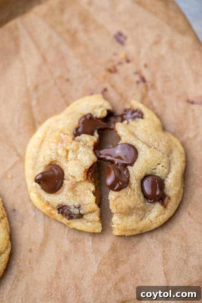Chewy chocolate chip cookie broken in half