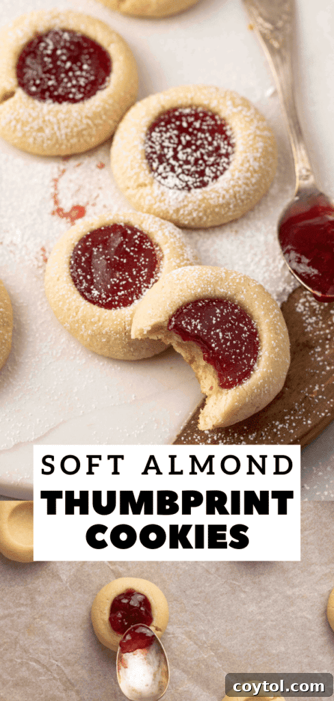 Pin image: Almond flour thumbprint cookies with vibrant red jam filling, perfect for a Pinterest save.