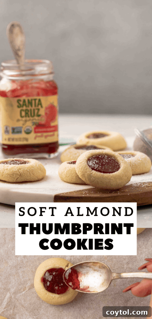 Pin image: Homemade thumbprint cookies with assorted jam flavors, ideal for holiday baking ideas.