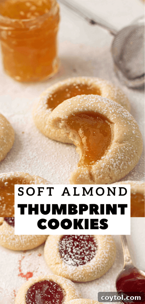 Pin image: Stack of classic thumbprint cookies with jam centers, great for gift-giving.