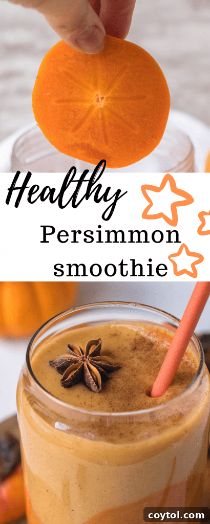 Fall persimmon smoothie in a tall glass, adorned with autumn leaves, perfect for pinning to seasonal recipe boards.