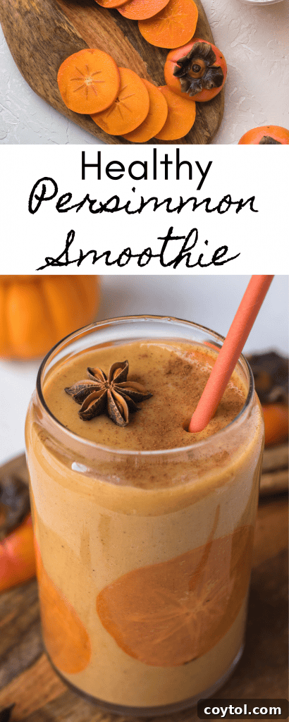 Easy persimmon smoothie in a clear glass, ready to drink, signifying a quick and convenient healthy meal solution.