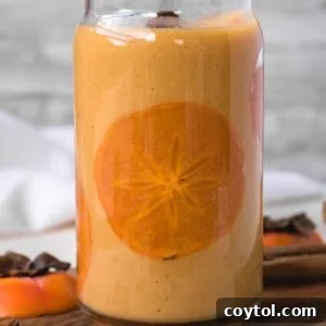 Easy persimmon smoothie with a thin slice of persimmon inside, presented attractively.