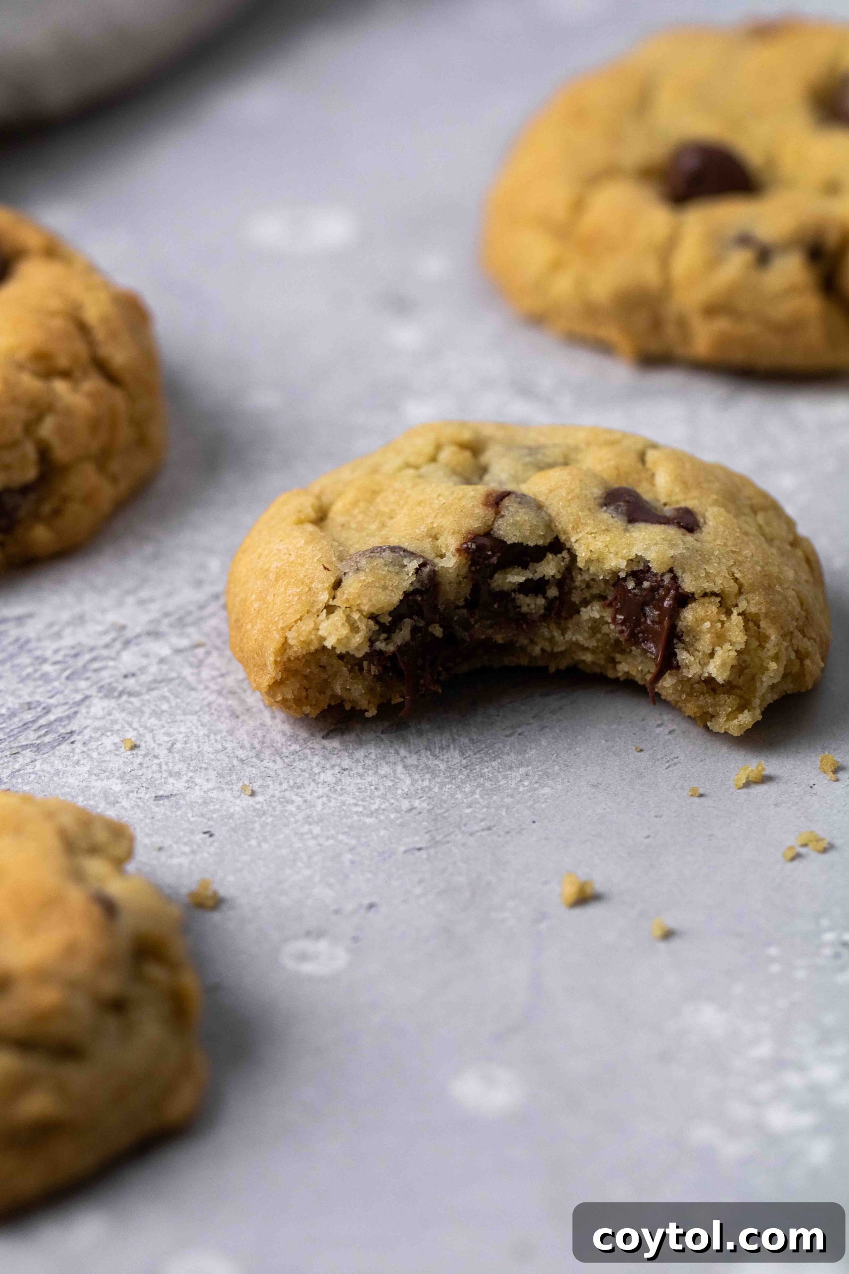 A delicious air fryer chocolate chip cookie with a bite taken out, revealing its soft, gooey center.