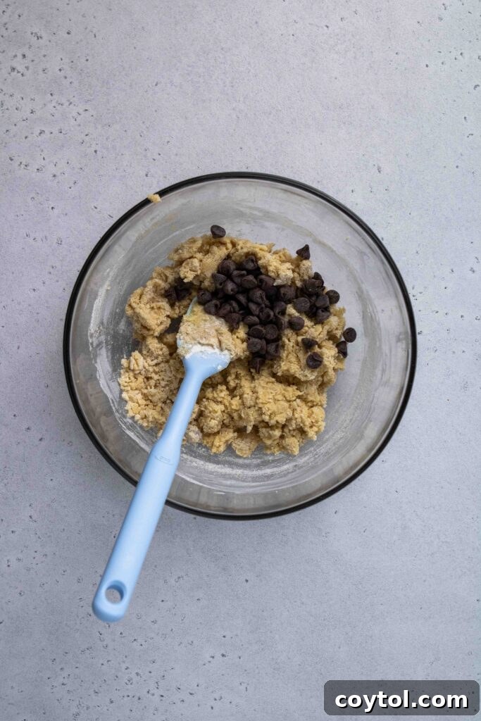Chocolate chip cookie dough ready, with extra chocolate chips sprinkled on top for visual appeal.