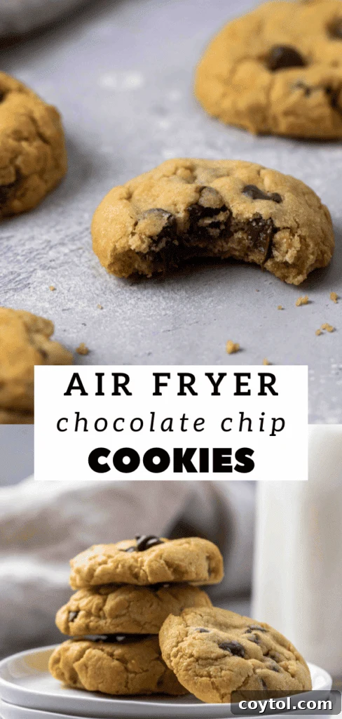 A perfectly baked air fryer chocolate chip cookie on a dark surface, highlighting its golden edges and soft interior.