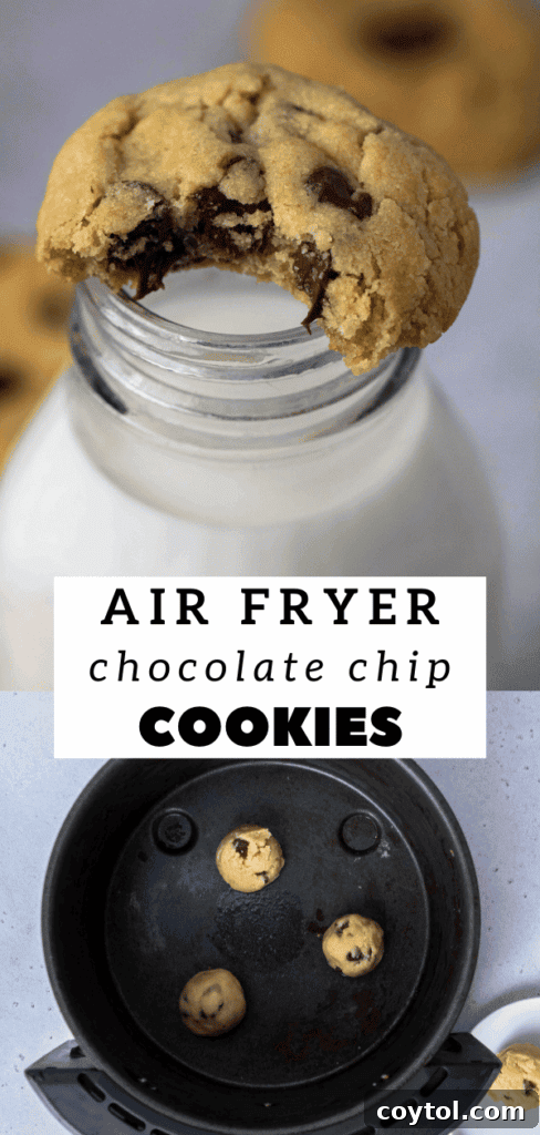 Three air fryer chocolate chip cookies stacked, emphasizing their soft and thick texture.