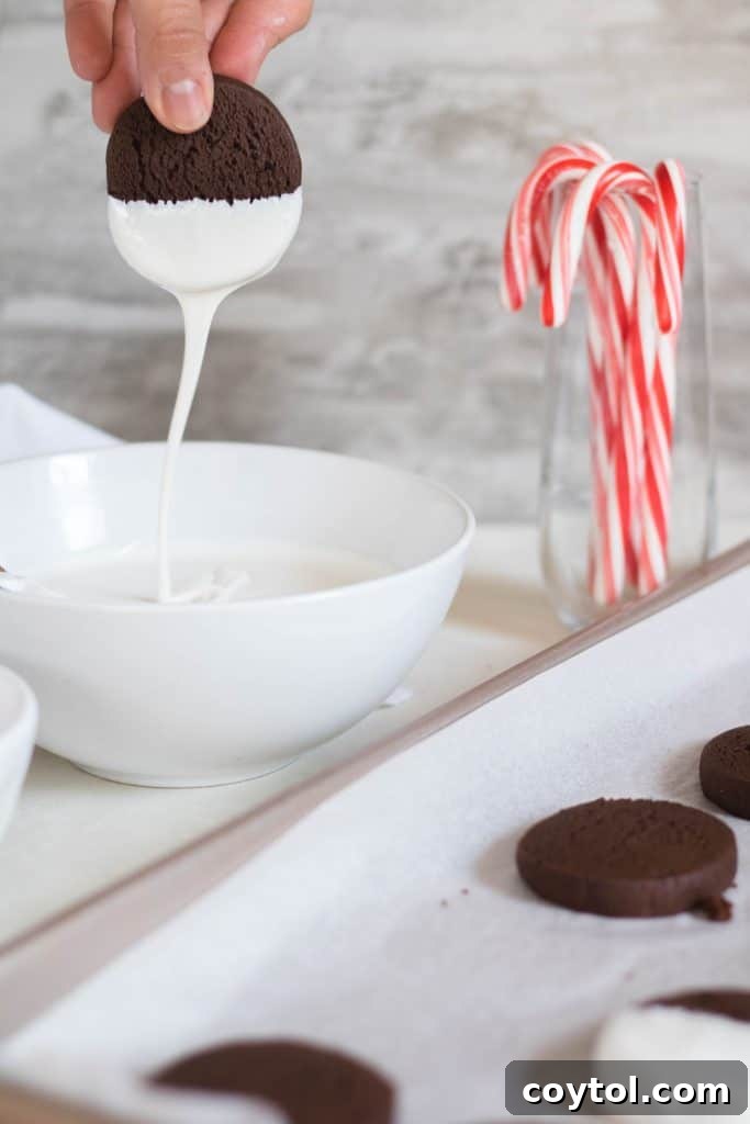 Chewy double chocolate peppermint cookies dipped in white chocolate