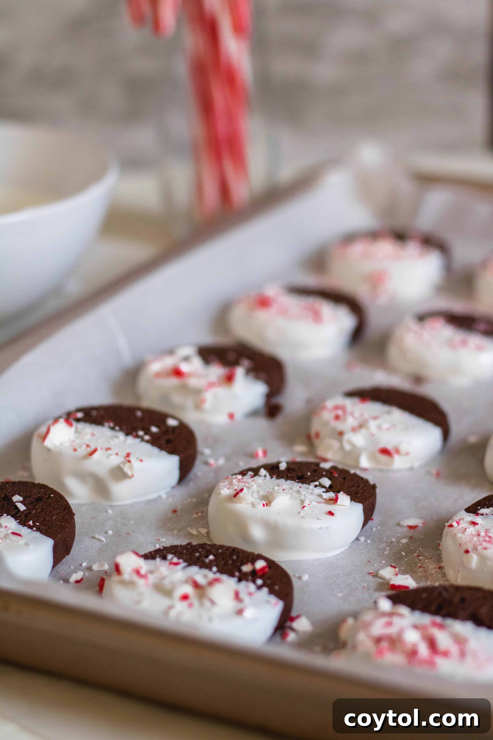 Cookies with candy cane pieces ready for dipping