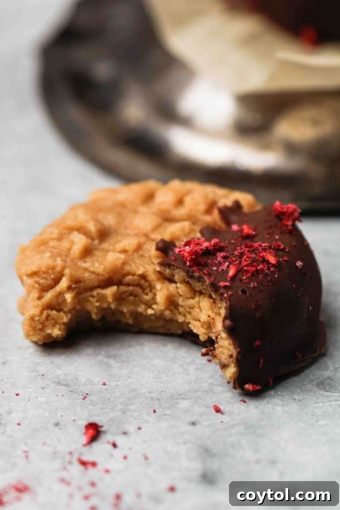 Close up of a homemade 3-ingredient no-bake peanut butter cookie