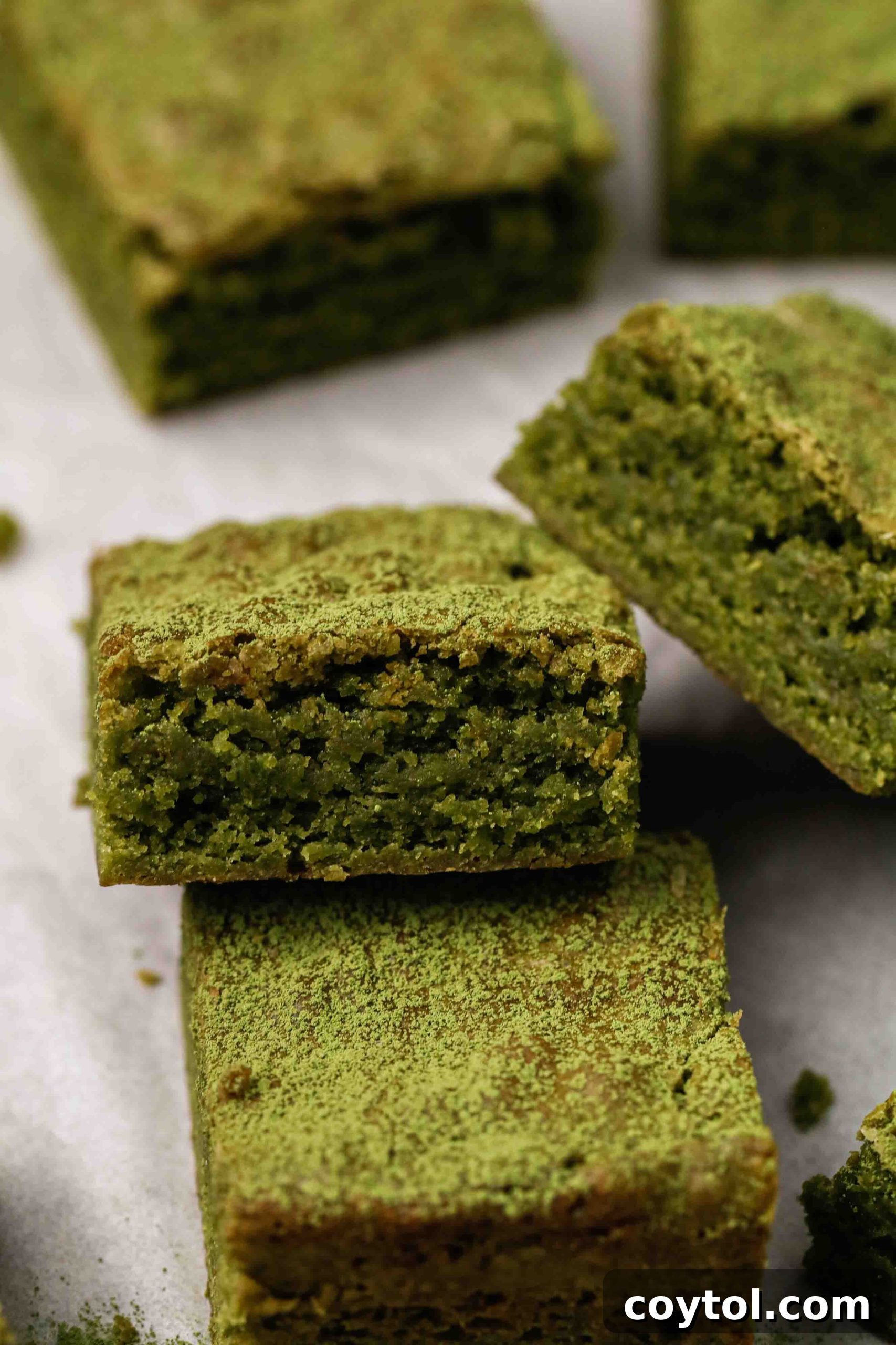 Green tea brownie slices on a plate