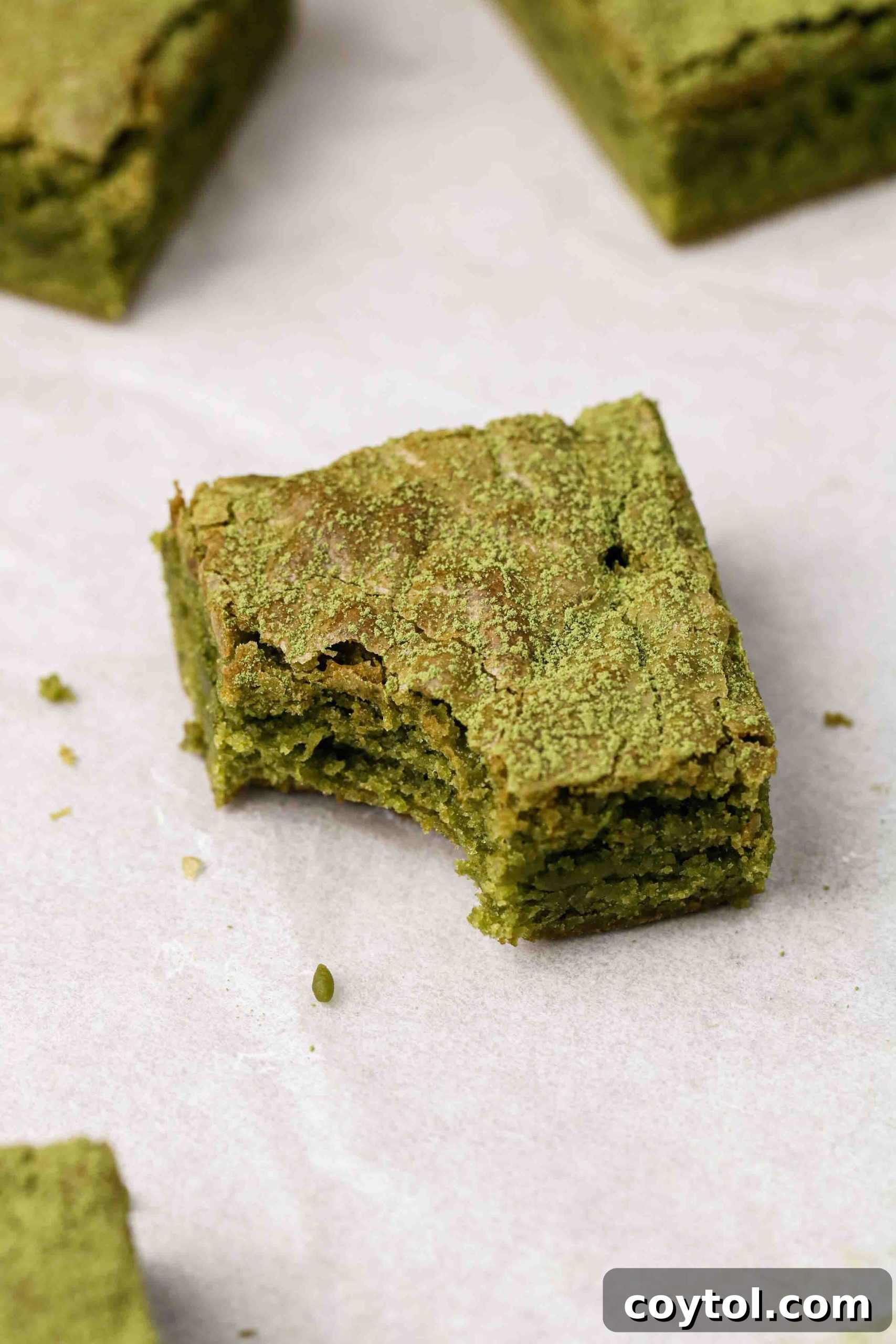Fudgy matcha brownies with a crinkly top