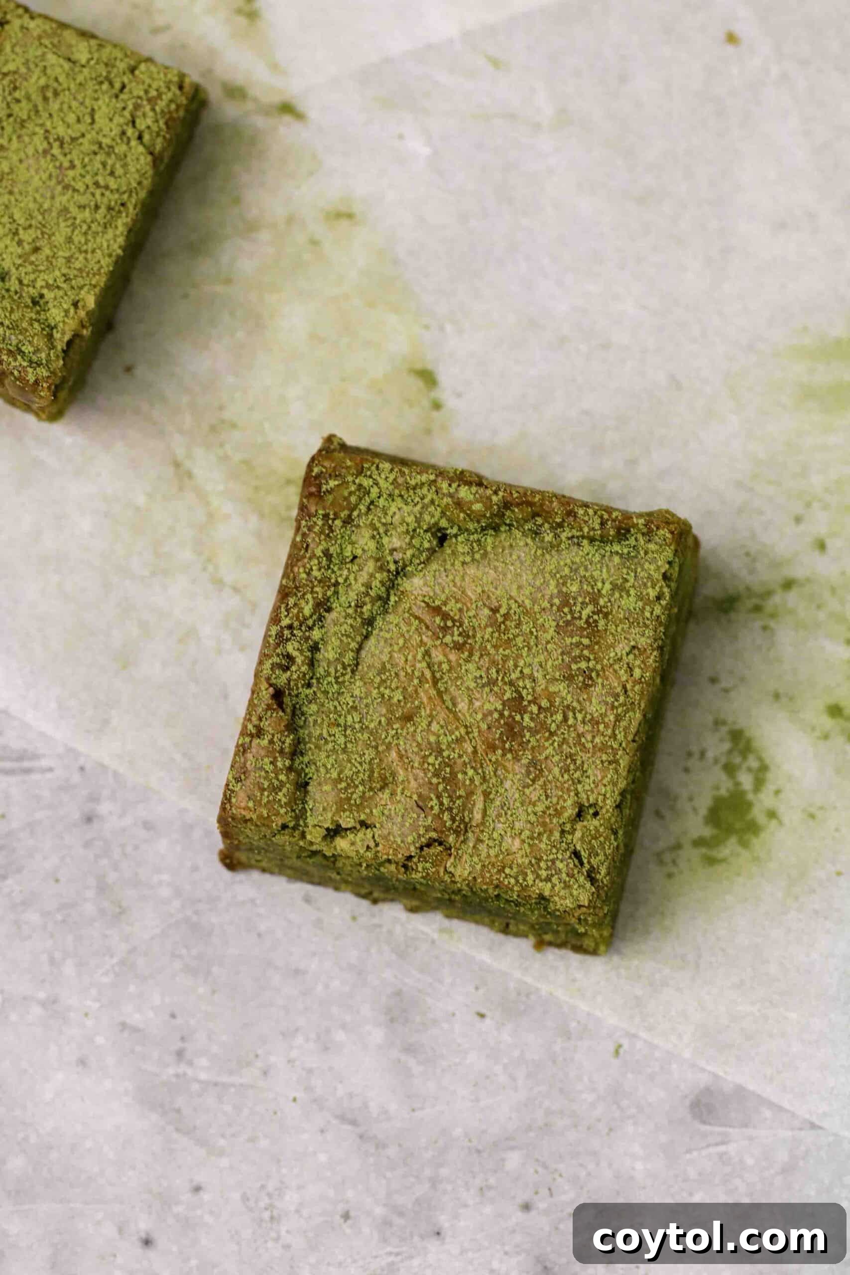 Overhead edge matcha brownie piece