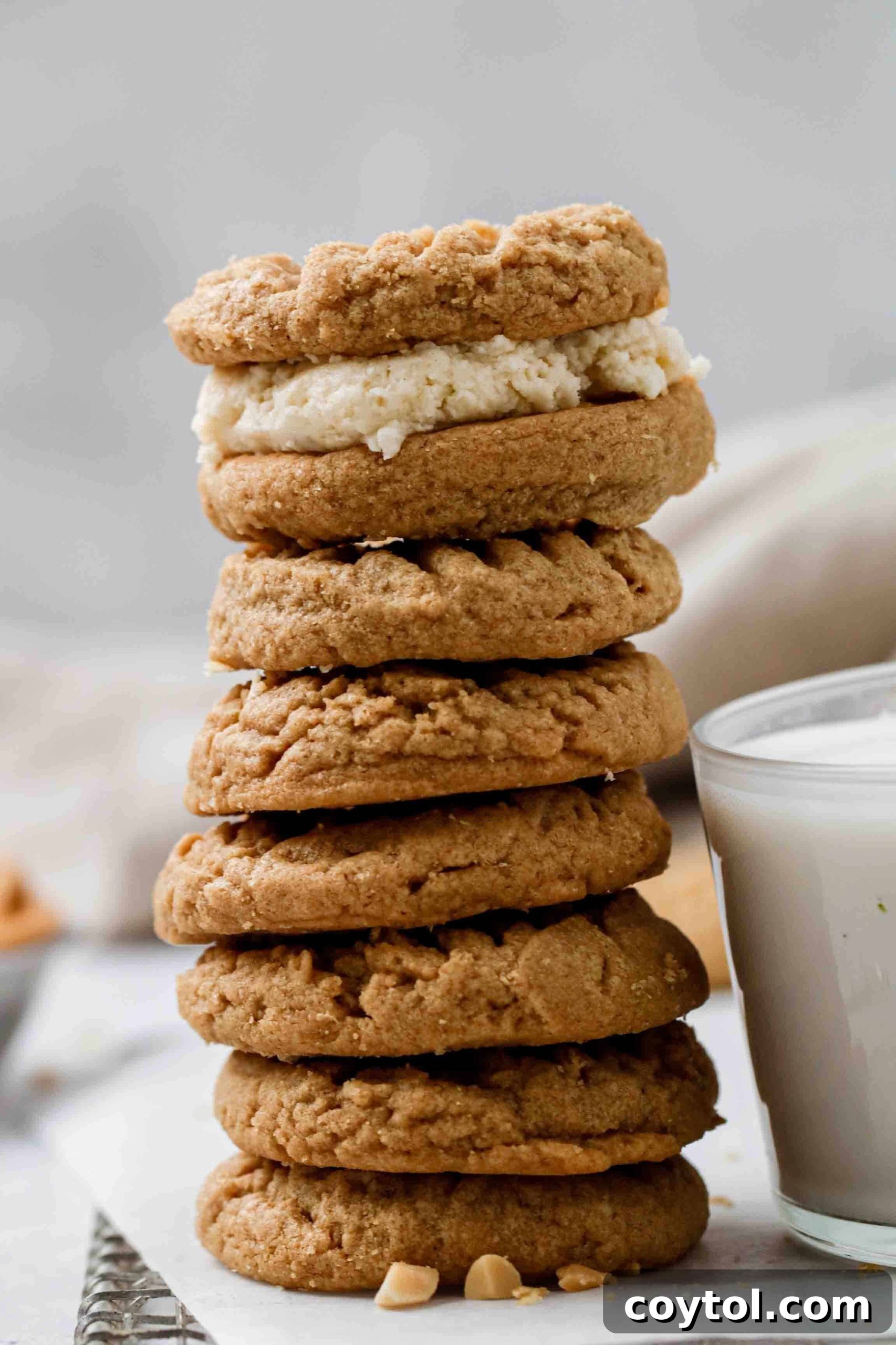 A stack of perfectly baked, soft peanut butter cookies, showcasing their golden-brown color and inviting texture.